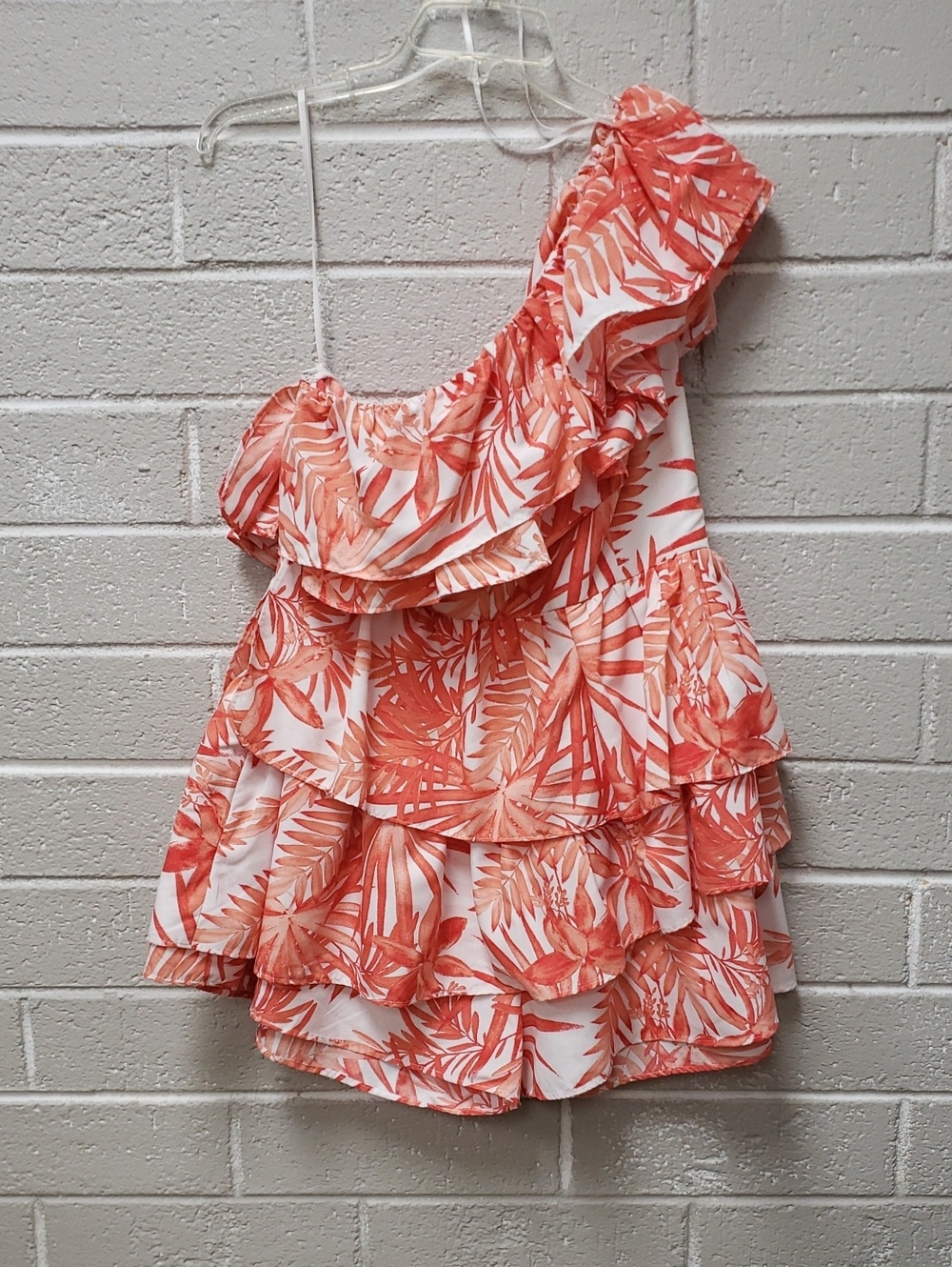 One-Shoulder Coral Leaf Ruffle Romper